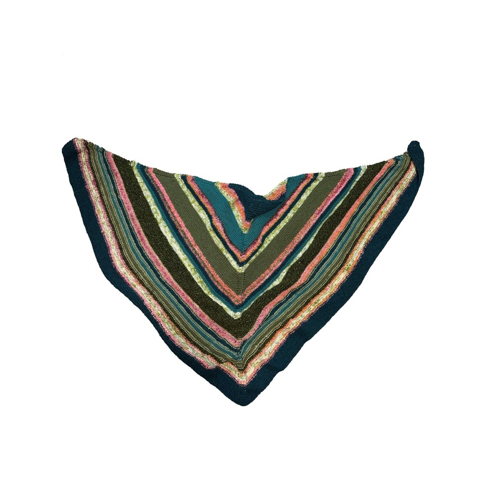 Hand Knit Triangle Shawl Wrap Multicolor Striped Boho Teal Green Pink 67x31